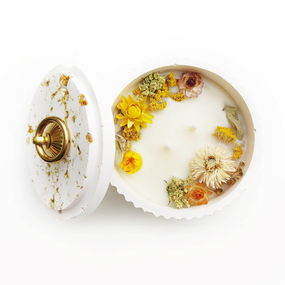 Bougie Fleurie Pot en roche Achillée & Immortelle - Bougie fleurie