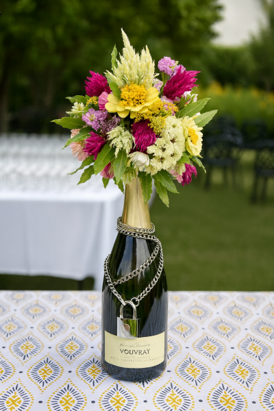 Arrangement floral sur bouteille de champagne