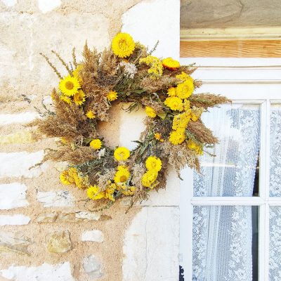 Couronne de fleurs séchées - Immortelles, Célosie & Achillée